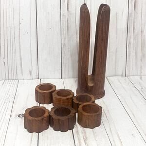 JCSC CO Teak Wood MCM Napkin Ring Holder w/6 Scalloped Round Rings Barware